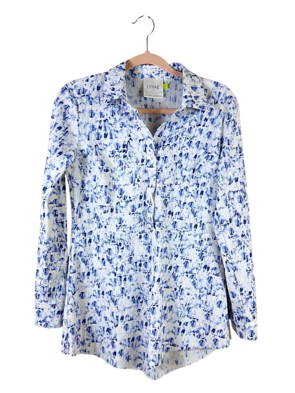 Lysse womens size S blue white collared long sleeve popover tunic top